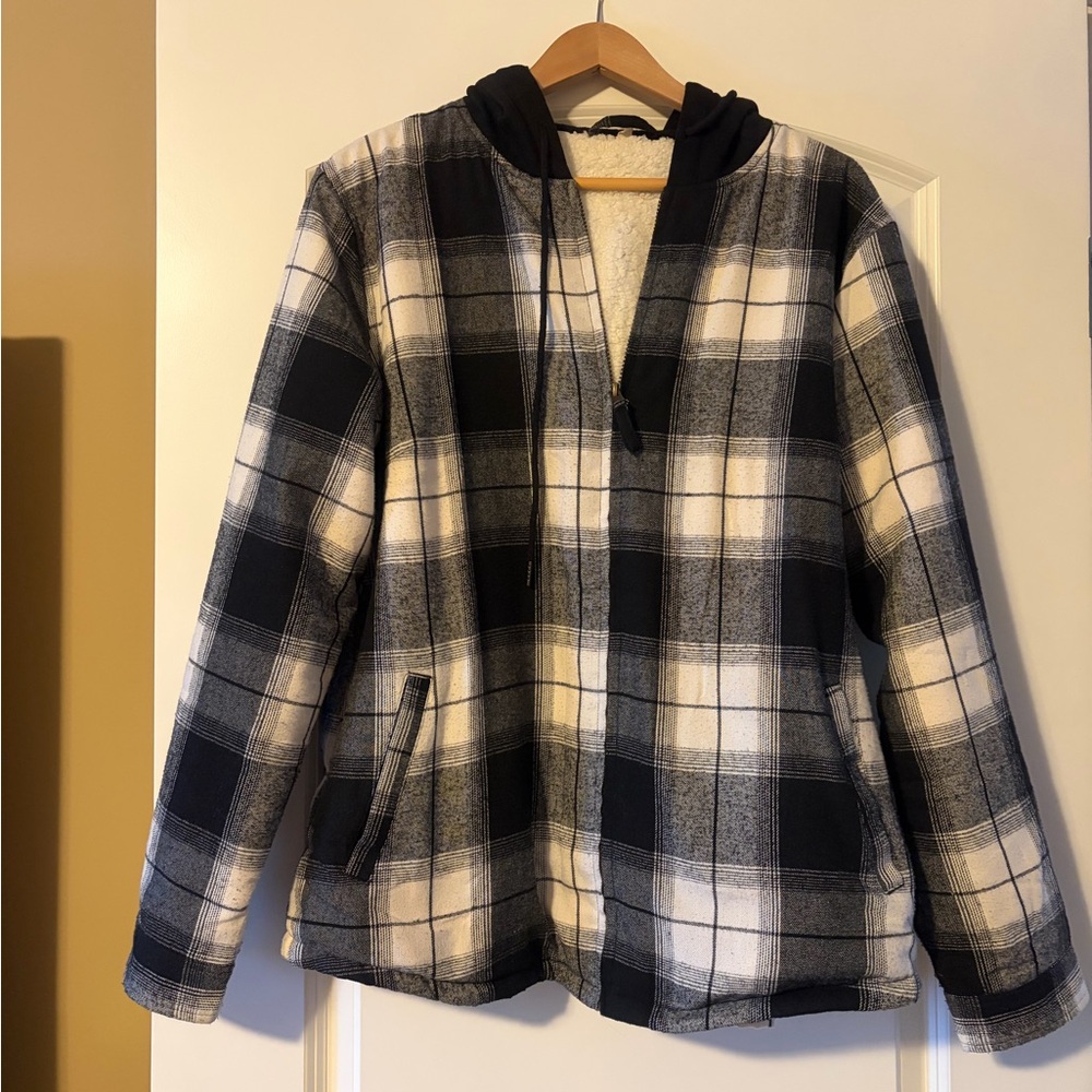 Fleece Plaid Hooded Jacket Sherpa Lined XL